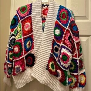 Hand Crafted Bright Multicolor Crochet Granny-Square Cardigan with White Trim